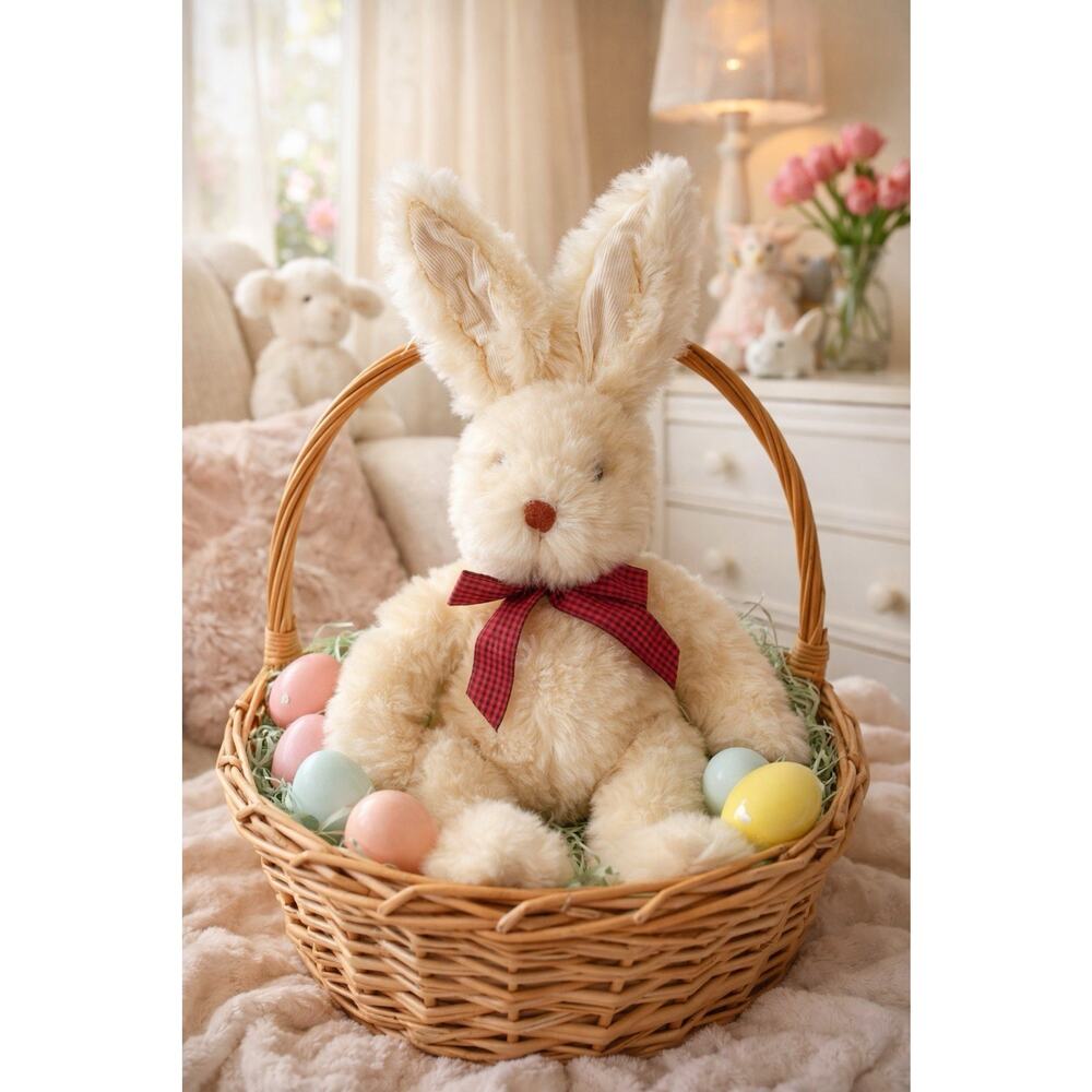 Vtg Russ Tumbleweed Plush Bunny Rabbit Cream Fur Red Gingham Bow Stuffed Animal